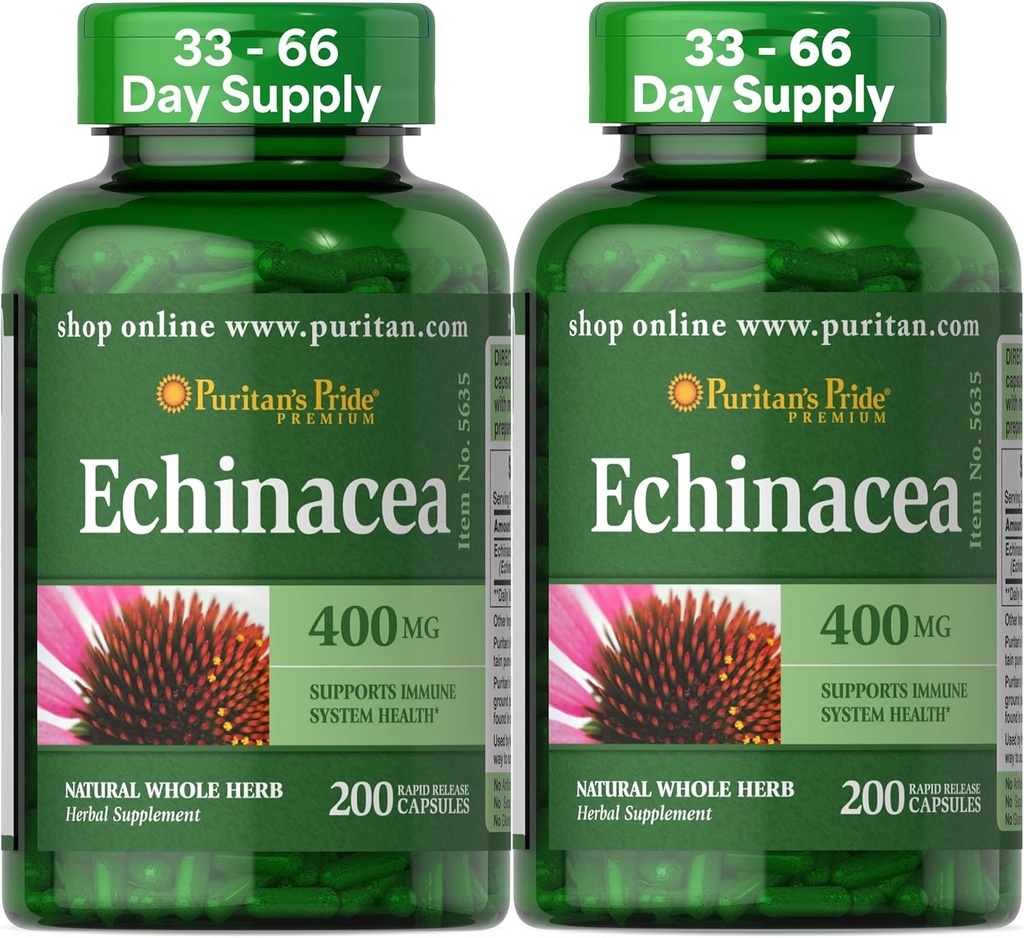 Puritan's Pride Premium Echinacea Natural complément à base de plantes entières 400mg, complément alimentaire pour la santé, système immunitaire, 200 capsules à libération rapide, 2 pack