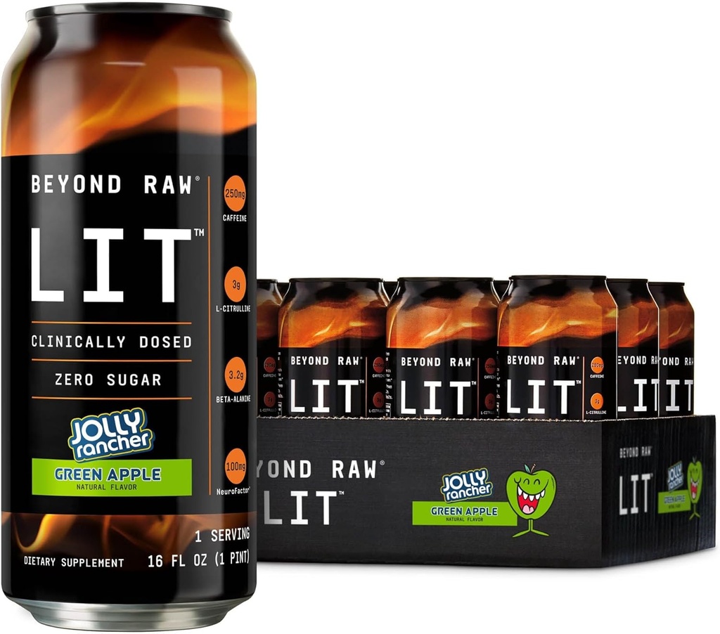 Beyond Raw LIT Ready to Drink Pre Workout, Jolly Rancher Green Apple, For Energy, Focus, Intensity and Pumps, Avec Boost à l'oxyde nitrique, Zéro Sucre, 250mg Caféine avec Beta Alanine, 12 Canettes