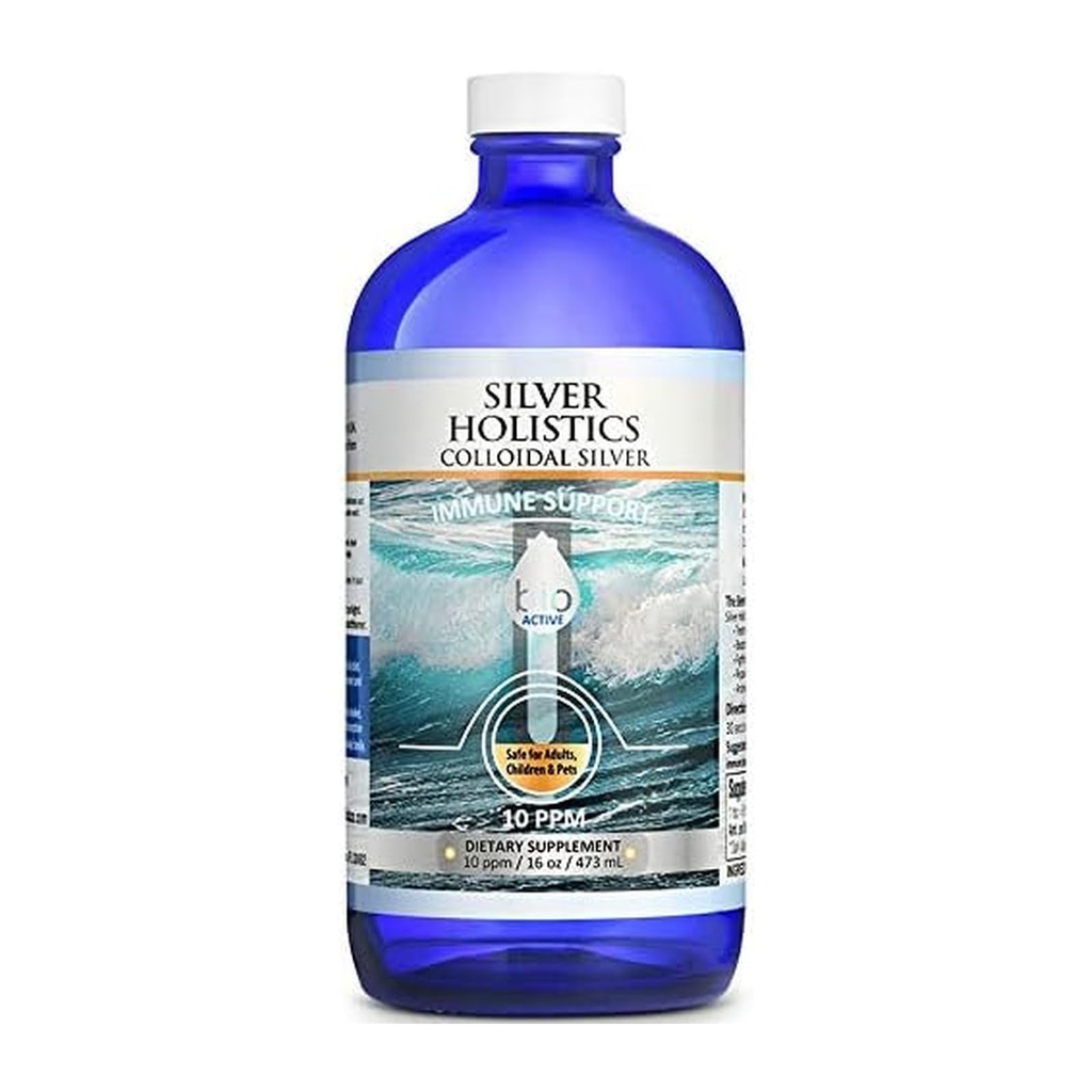 SILVER HOLISTICS Colloïdal Argent Liquid 10PPM - Bouteille d'argent colloïdal avec coupes de mesure - Silver Holistics Liquide pour enfants, adultes et animaux de compagnie - Supplément d'argent pour le support immunitaire (16 Oz.)