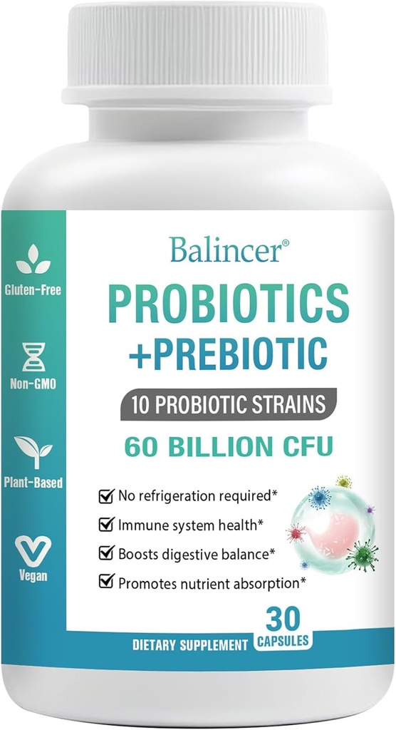 Probiotiques et prébiotiques biologiques pour les femmes et les hommes, 60 milliards CFU 10 souches, soutien de la santé digestive et gustative, gaz et ballonnement, 30 capsules
