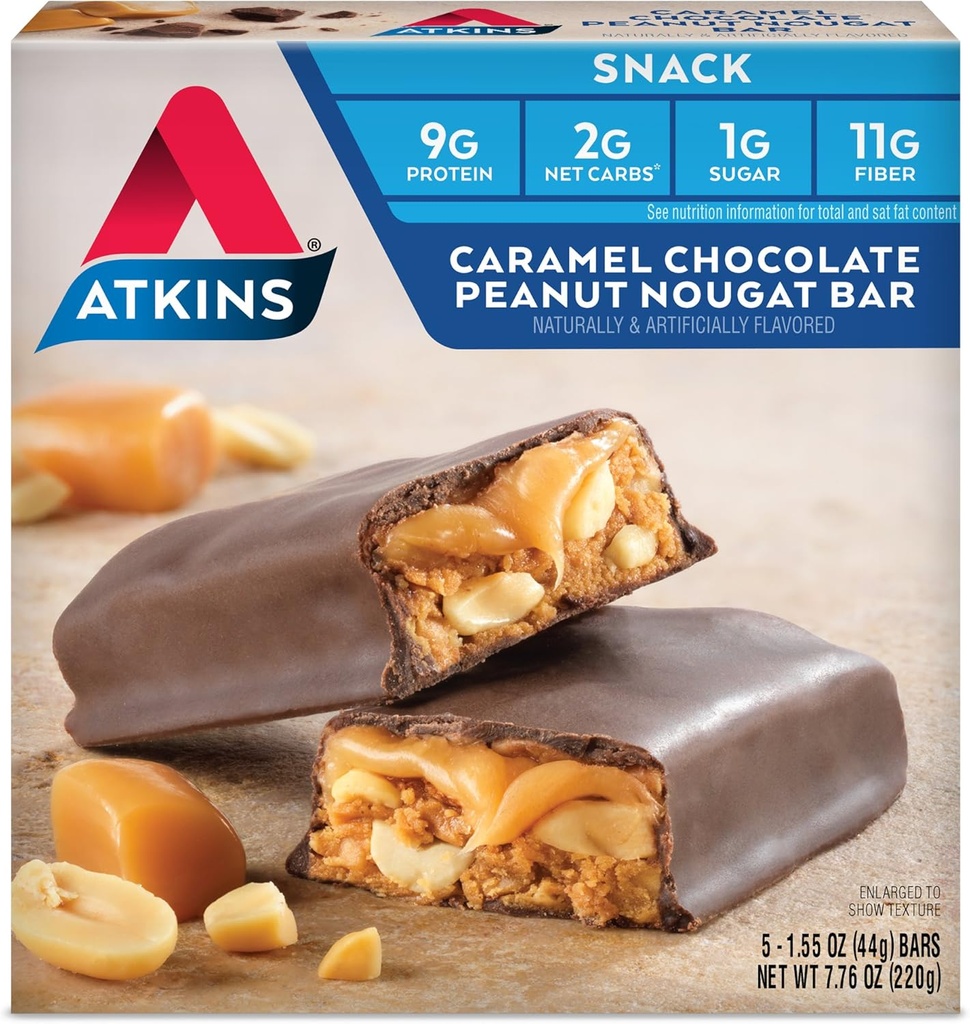 Atkins Caramel Chocolat arachide Nougat Snack Bar, Protein Snack, Haute en fibre, 2g de sucre, Keto Friendly, 5 Compte