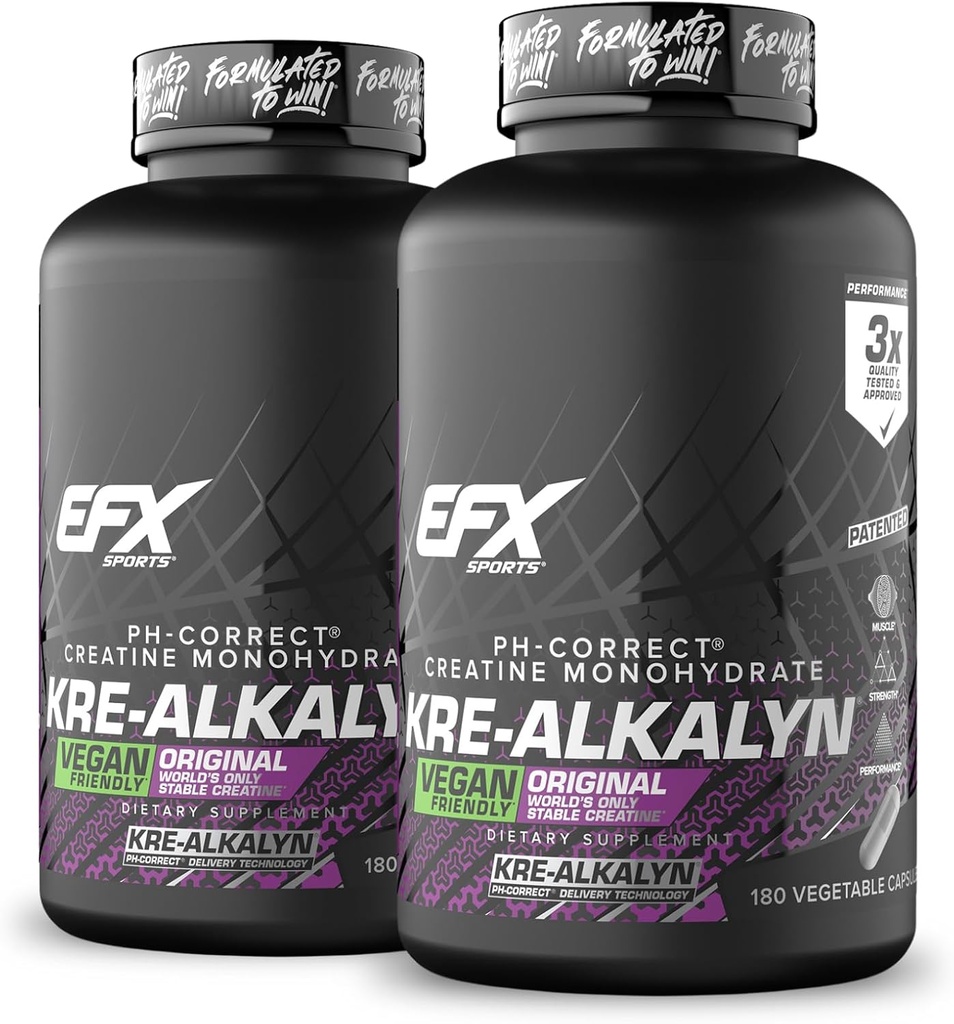 EFX Sports Kre-Alkalyn EFX | pH Correct Creatine Monohydrate Pill Supplement | Vegan Friendly | Strength & Muscle Growth | 90 Servings, 180 Veggie Capsules (Pack of 2)
