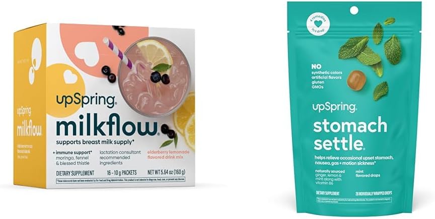 UpSpring Stomach Settle Drops, Mint Flavour, 28 Ct+Milkflow Supplément de boisson d'allaitement Mélanger avec Moringa & Chardon béni, Pas de Fenugreek