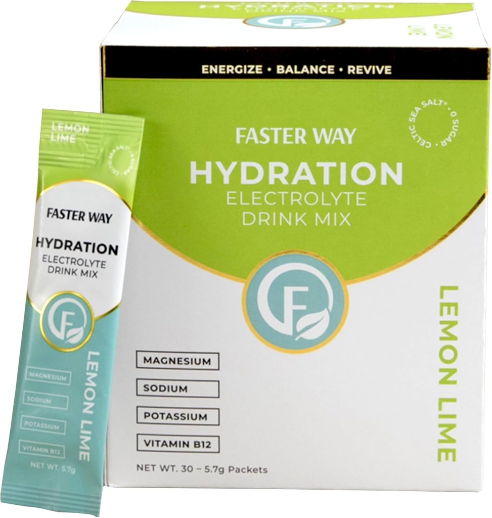 Voie plus rapide - Hydratation - Mélange de boissons électrolytes - Avec vinaigre de cidre de pomme, Choline, Probiotiques et Vitamines B naturelles - Energisant et Revive - Packs de poudre - Zéro Sucre -Sans gluten -Lime de citron -30 Pack