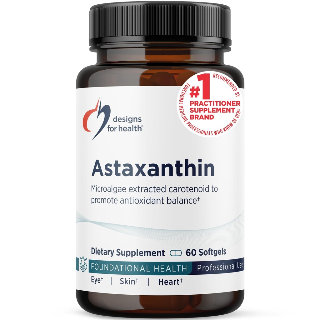 Conceptions pour la santé Astaxanthine - Microalgues (Haematococcus Pluvialis) Supplément antioxydant caroténoïde extrait - Soutien pour la santé cardiovasculaire, GI, peau + yeux (60 Softgels)