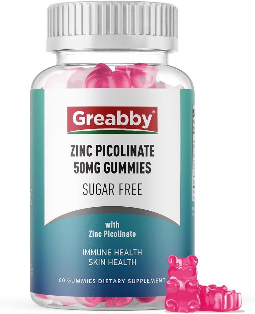 Gommies de zinc - Picolinate de zinc 50mg, sans sucre, supplément de picolinate de zinc très absorbant pour les enfants et les adultes, soutenir la croissance, fonction immunitaire, santé de la peau, 60 Gommies