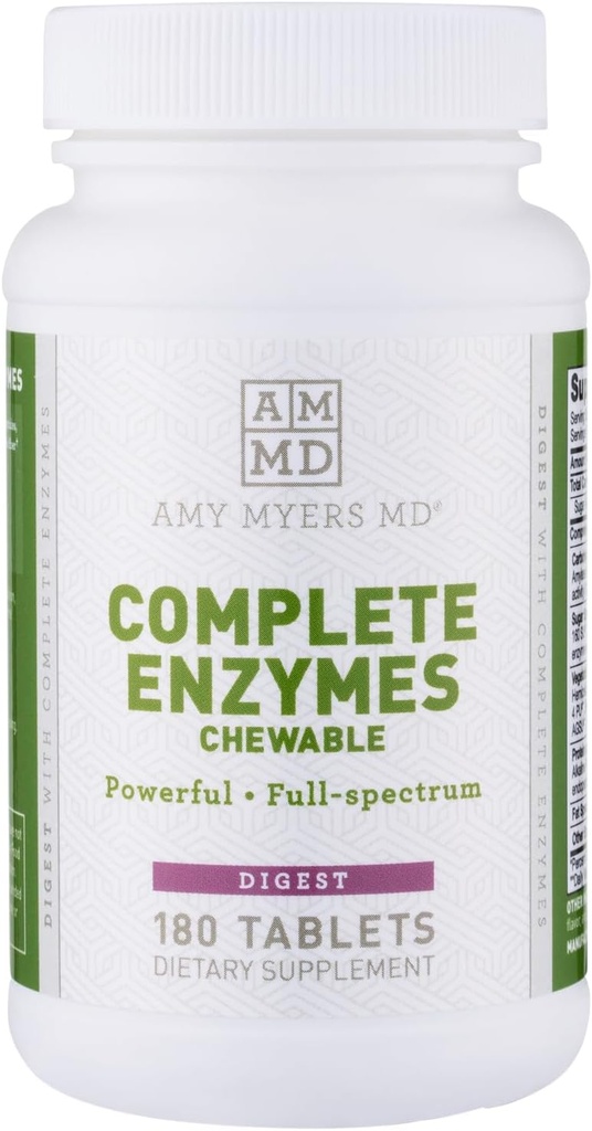 Amy Myers MD Enzymes digestifs Chewable – Complete Enzymes Support Gut, Reflux acide, Gaz, Bloating, Exposition au gluten – Amylase, Lipase, Lactase, Alkaline, Protase, Sucrase + Plus – 180 Comprimés