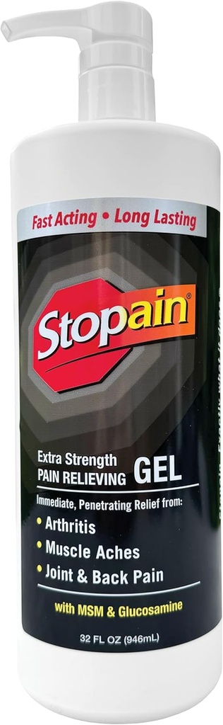 Stopain Pain Relief Gel 32oz, USA Made, Max Strength Fast Agissant avec Menthol, MSM, Glucosamine pour la douleur articulaire, le dos, l'arthrite, le genou, la douleur au cou, HSA FSA Produit analgésique thématique approuvé OTC