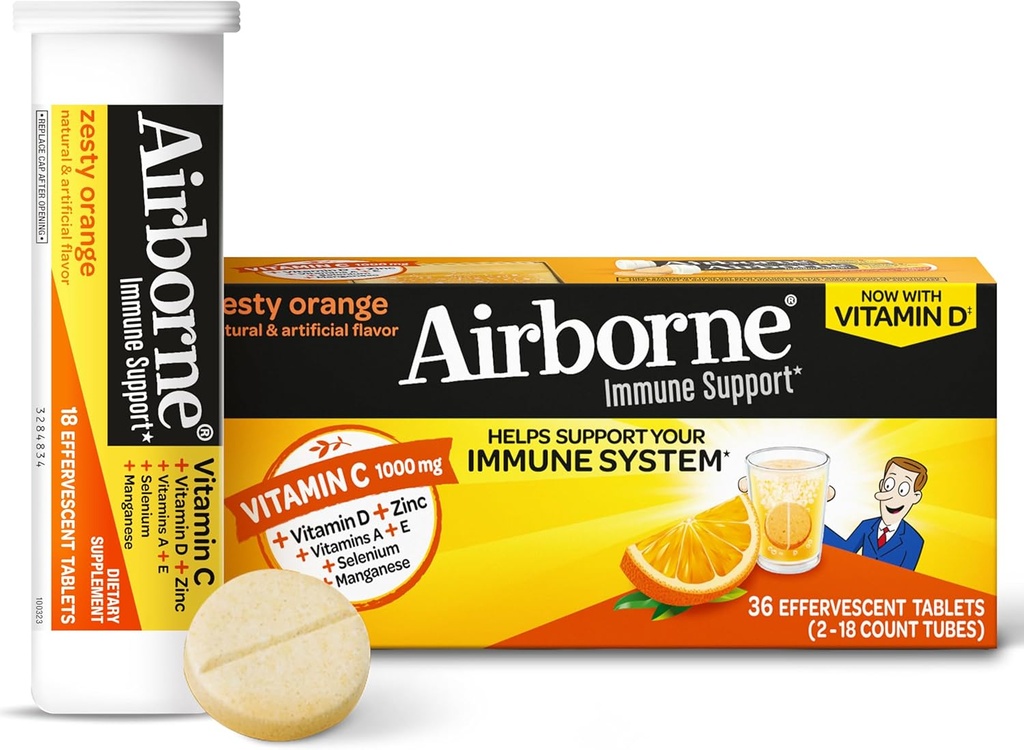 Vitamine C 1000mg (par portion) - Comprimés effervescents d'orange zeste aéroporté (36 nombre dans une boîte), Supplément de soutien immunitaire sans gluten avec vitamines A C E, ZINC, Sélénium, Echinacea & Ginger