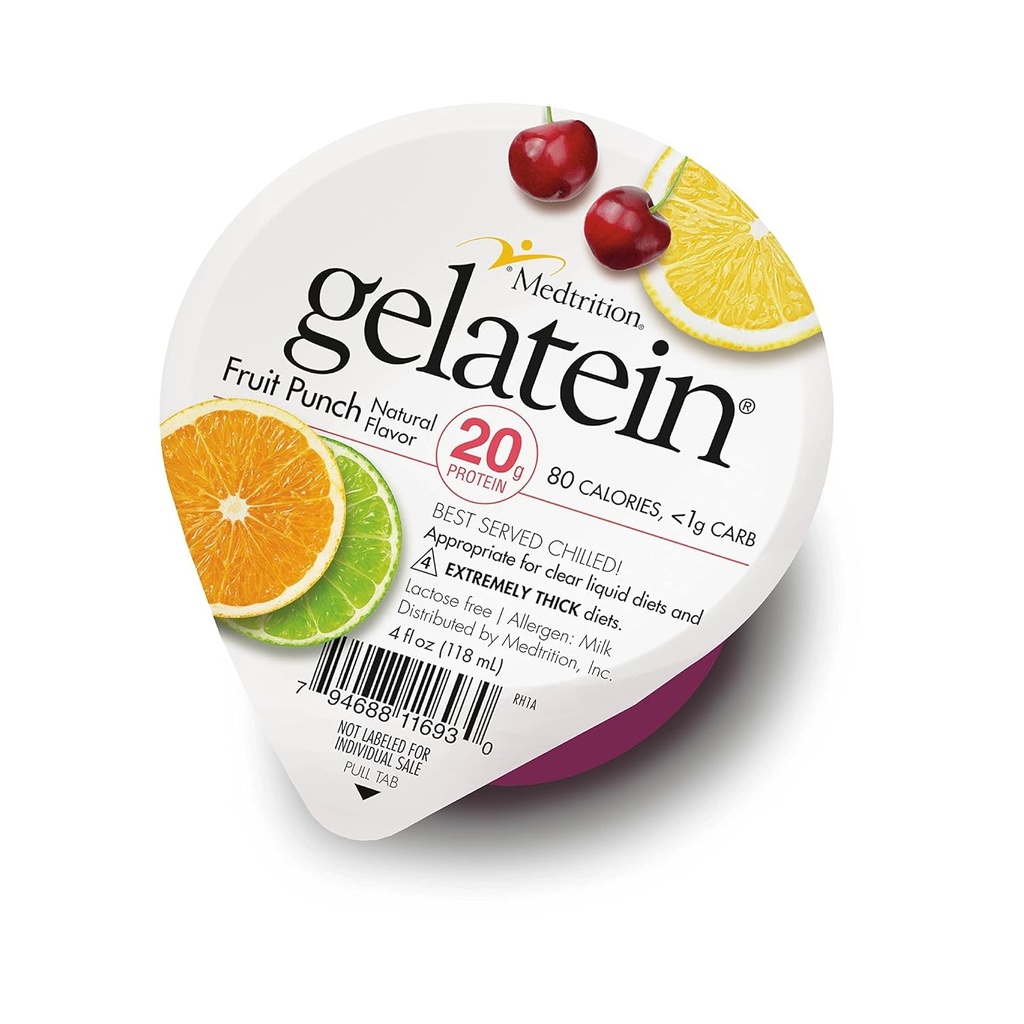 Gelatein Fruit Punch : 20 grammes de protéines. Sans sucre. Idéal pour les régimes liquides limpides, les difficultés à avaler, bariatrie, dialyse et oncologie. Grande collation avant ou après l'entraînement. (12 pack)...