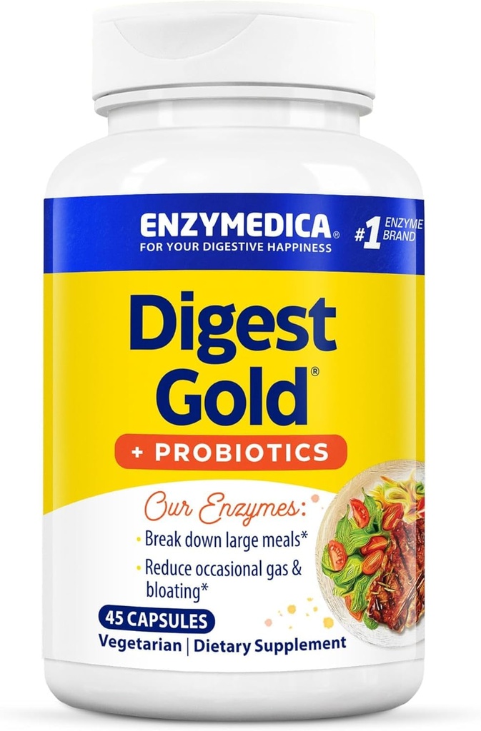 Enzymedica Digest Gold + Probiotiques, 2-en-1 Formule pour la santé des intestins, enzymes digestives et 1 milliard de cultures probiotiques actives, 45 Nombre