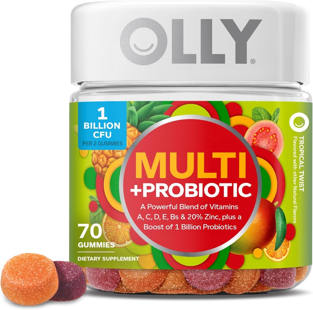 OLLY Multi + Probiotique adulte multivitamine Gummy, 1 milliard UFC, supplément de soutien digestif et immunitaire, twist tropical, 35 jours d'approvisionnement - 70 comtes