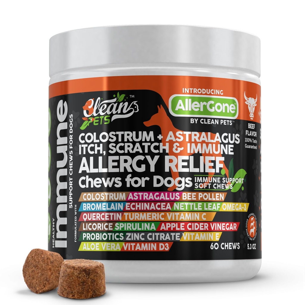 Chien Allergie Relief Chews Relief de la peau pour chiens Colostrum Astralagus Omega 3 Bromelain Echinacea Nettle Leaf Quercetin Racine de réglisse Spiruline ACV Immune - Boîte de 1
