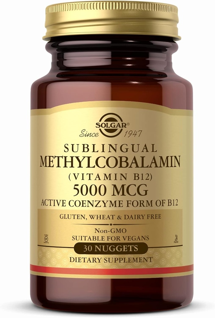 Solgar méthylcobalamine (Vitamine B12) 5000 mcg, 30 Nuggets - Cherry Flavor - soutient le métabolisme énergétique - corps prêt, forme active - non-OGM, végétalien, sans gluten - 30 portions