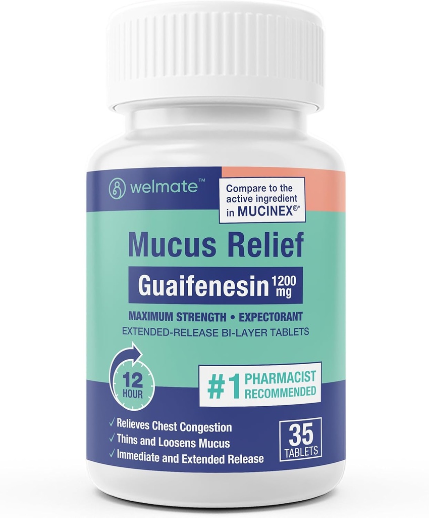 WELMATE - Guaifenesin 1200mg (35 comprimés) - Soulagement du mucus - Expectorant - Toux et froid - Soutien de 12 heures - Comprimés bi-layer à libération prolongée - Médicaments sur-le-counter
