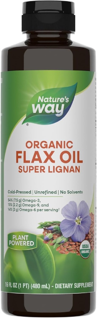 Nature's Way Huile de lin biologique Super Lignan, Omega-3, 6, 9 acides gras(1), pressés à froid, non raffinés, sans hexane, 16 Fl Oz (paquetage mai Vary)