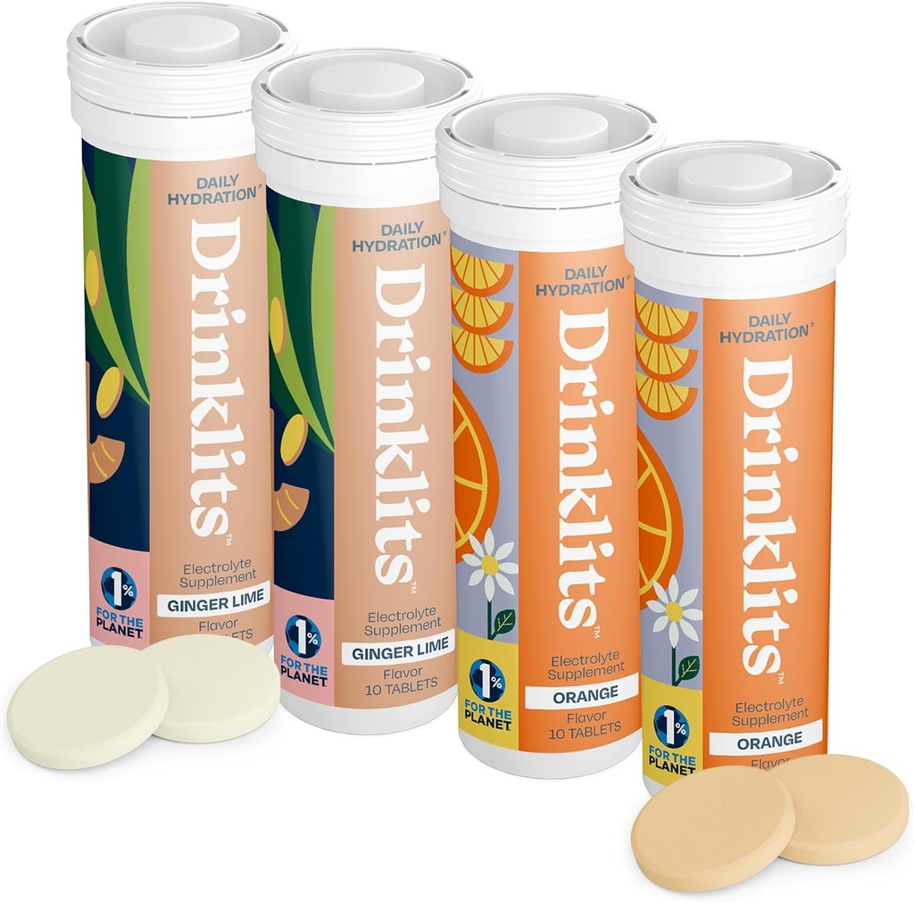 Drinklits Ginger-Lime & Orange Electrolyte Comprimés (4) Ensemble de tubes hydratation quotidienne Pack de combos - 0g de sucre 40 portions - 10 comprimés par tube