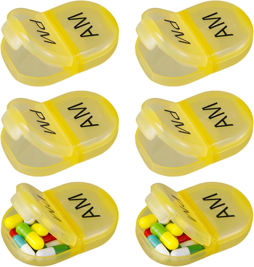 6 Pack Pill Organizer Pocket Small Case Holder Am Pm Pill Case Portable Two Compartment Round Travel 2 Times a Day for Vitamin Medication Supplement(Yellow)