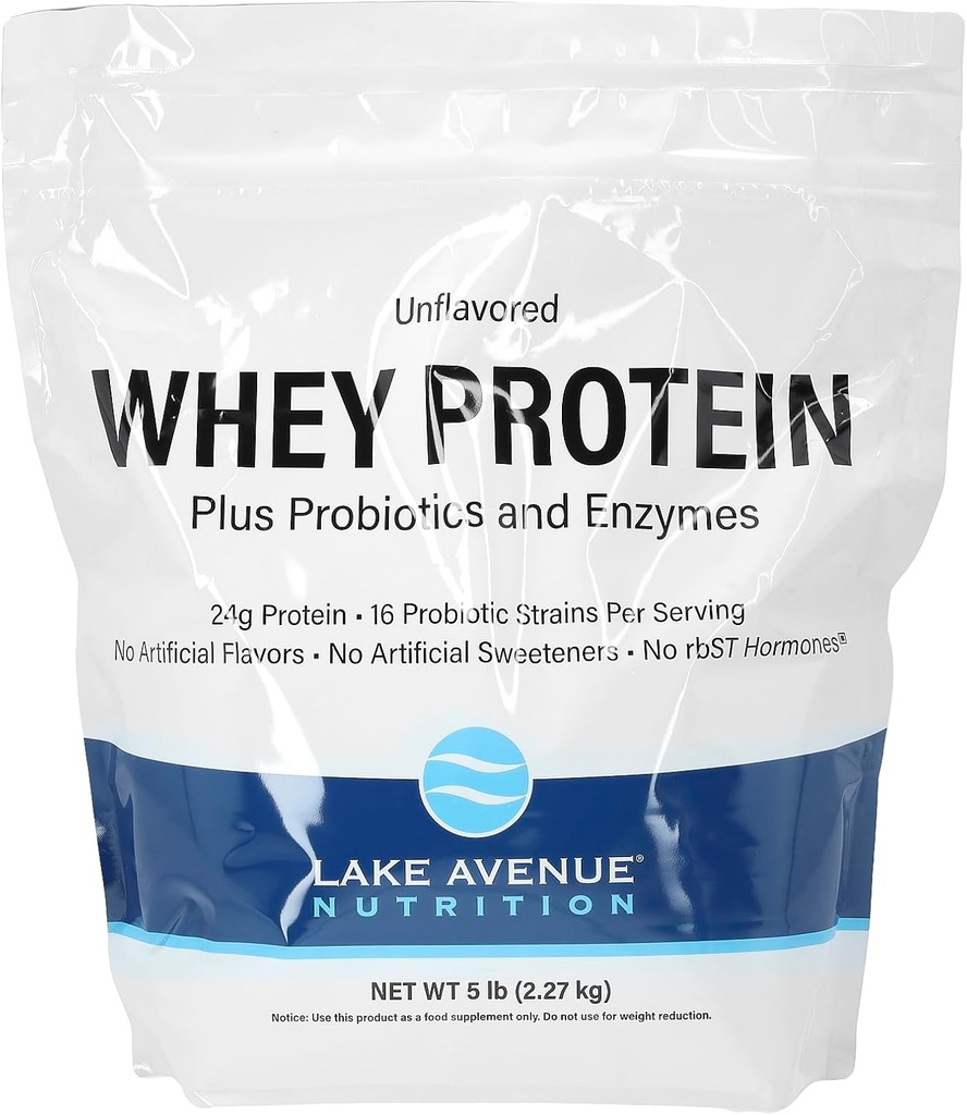 Lake Avenue Nutrition Whey Protein Plus Probiotiques et enzymes, non aromatisés, 5 lb (2,27 kg)