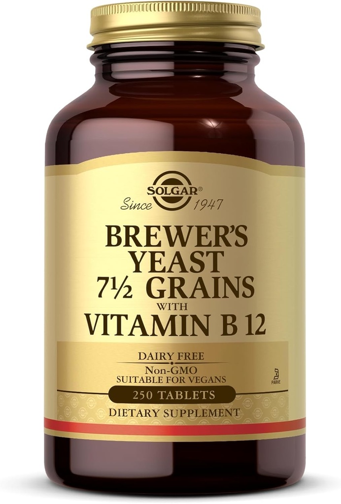 Solgar Brewer's Yeast 7 1⁄2 Grains avec vitamine B12 - 250 comprimés - Non-OGM, végétalien, sans produits laitiers, casher - 41 portions