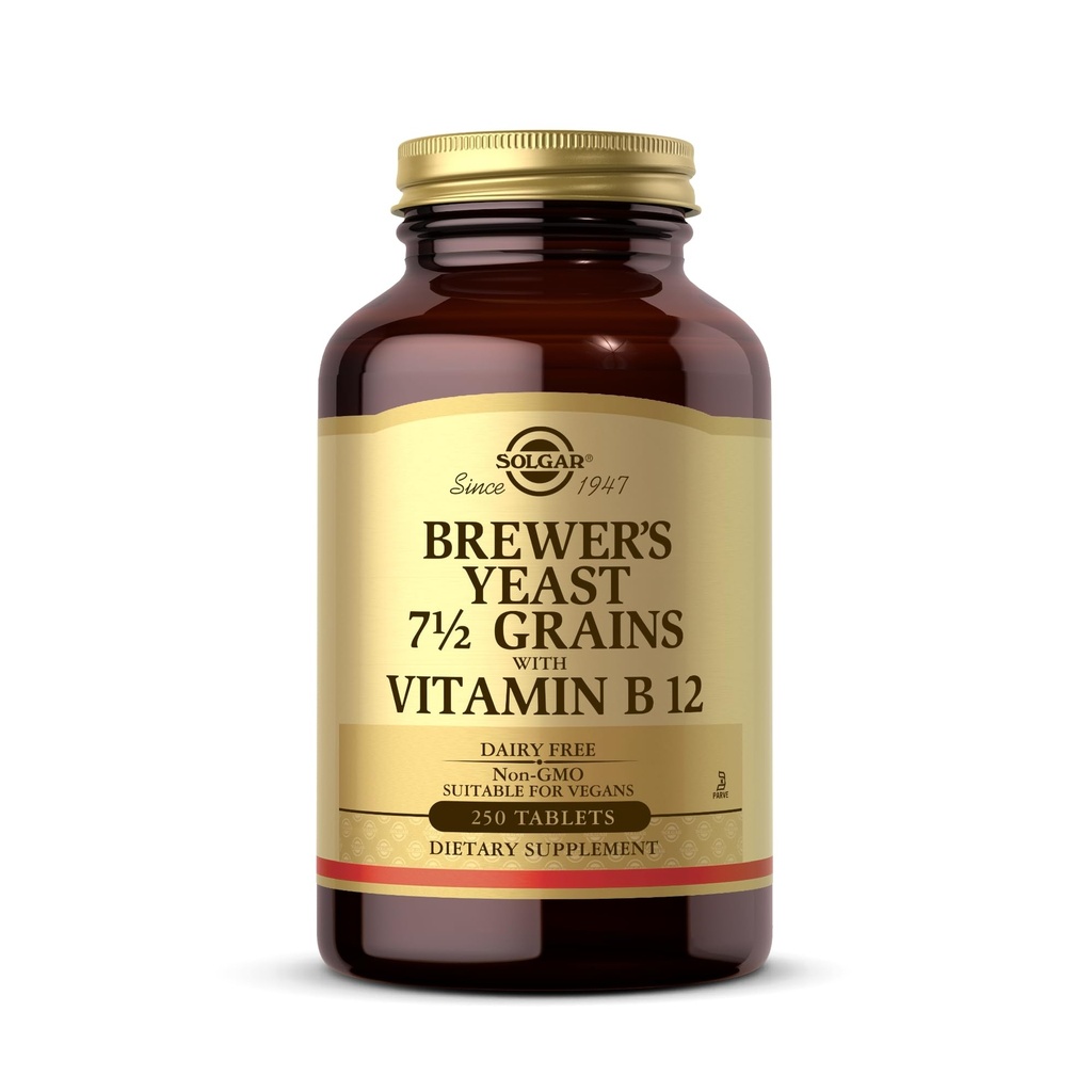 Solgar Brewer's Yeast 7 1⁄2 Grains avec vitamine B12 - 250 comprimés - Non-OGM, végétalien, sans produits laitiers, casher - 41 portions