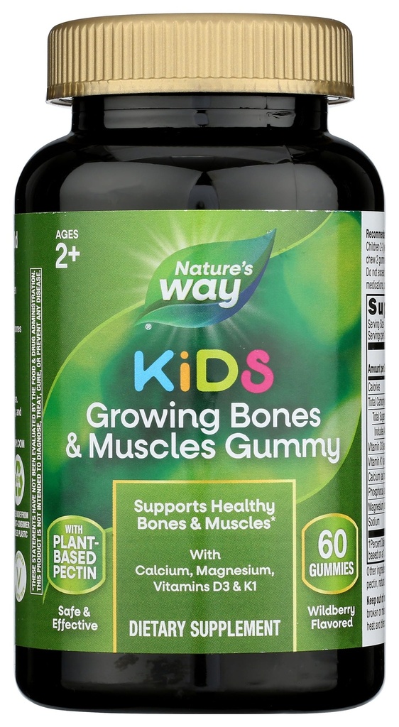 Façon de la nature Les enfants grandissent les os et les muscles Gommies, soutiennent les os et les muscles sains*, le calcium, le magnésium, les vitamines D3 et K1, les 2 ans et plus, les baies sauvages aromatisées, 60 gommies (paquetage mai vary)