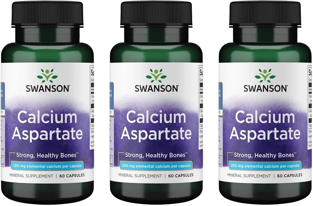Swanson Aspartate de calcium - Supplément à base de plantes favorisant la santé des os, du coeur et des muscles - Formule naturelle favorisant le mieux-être corporel total - (60 capsules-200mg chacune) (3 pack)