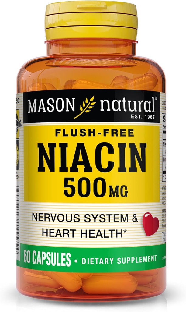 MASON NATURAL Niacin 500 mg sans flush, soutient la santé cardiaque, le système nerveux et la production d'énergie, 60 capsules