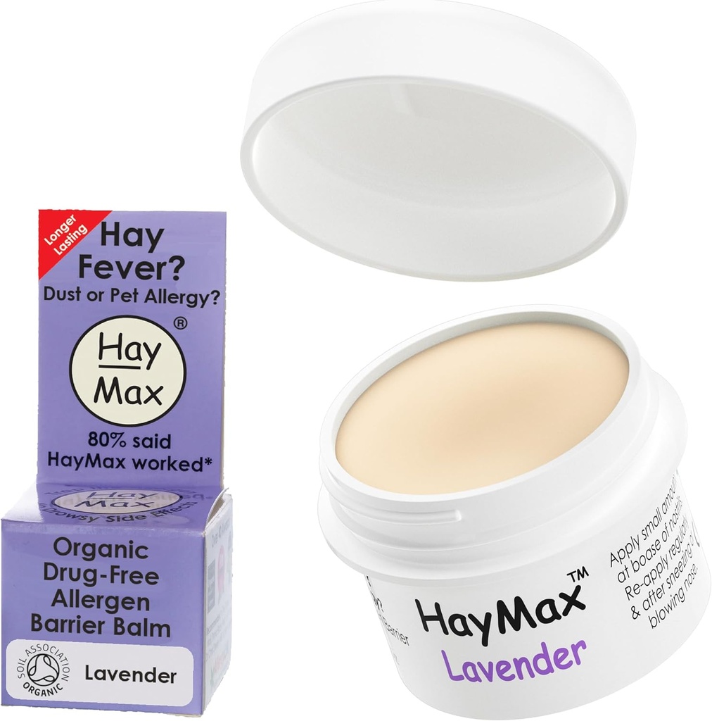 Baume de barrière d'allergène de HayMax - Lavande 0,17 fl oz - Bio, naturel et non somnolent Baume de lutte contre la fièvre et l'allergie - Blocs Pollen et autres particules d'allergène - Idéal pour les adultes, les enfants et les femmes enceintes