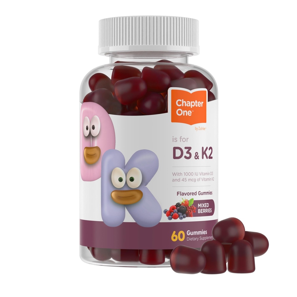 Zahler Chapitre 1 Vitamine D3 K2 Gommies, contient 1000UI de vitamine D3 et 45MCG de vitamine K2, D3 et K2 Gommy Supplément, Kosher, 60 Gommies