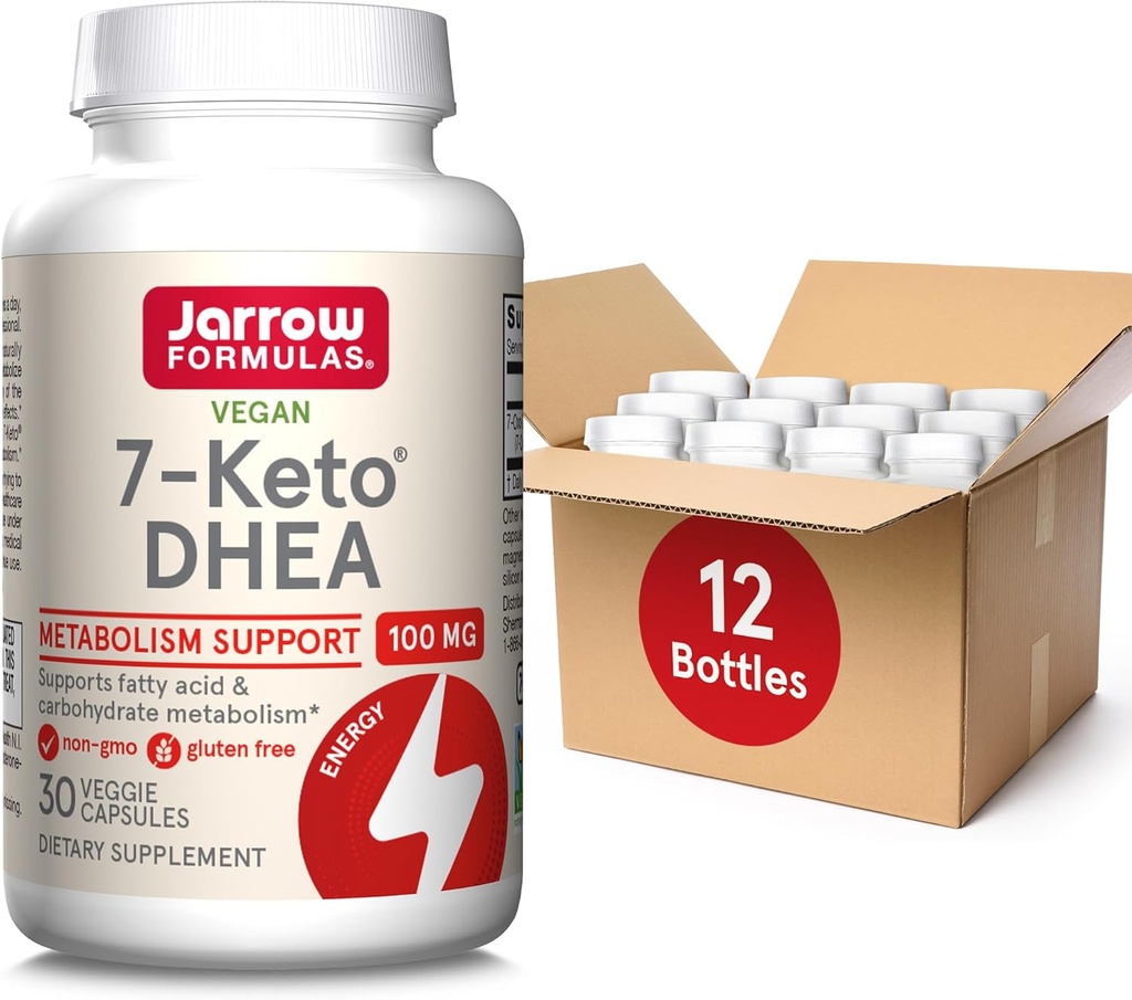 Jarrow Formules 7-Keto DHEA 100 mg, complément alimentaire pour le métabolisme des acides gras et des glucides, 30 capsules de légumes, 15-30 jours d'approvisionnement, boîte de 12