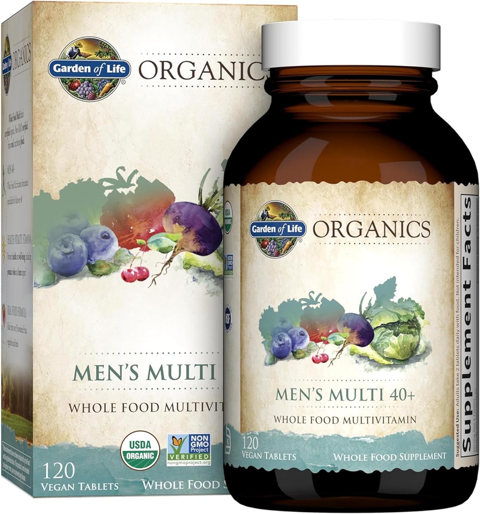Jardin de la vie Organiques aliments entiers Multivitamines pour les hommes 40+ 120 comprimés, Végétaux hommes Multi pour la santé et le bien-être Vitamines et minéraux biologiques certifiés pour les hommes plus de 40 vitamines pour les hommes