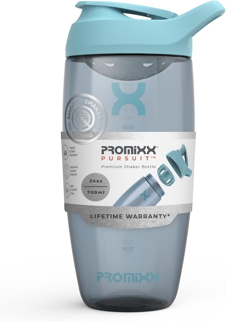 Bouteille de shaker protéinique Promixx (24 oz) – Mélangeur silencieux sans bille, couvercle de fuite-proof, ECOZEN sans BPA/BPS et sans phtalate – Coupe de shaker facile à nettoyer pour les smoothies pré- & post-entraînement