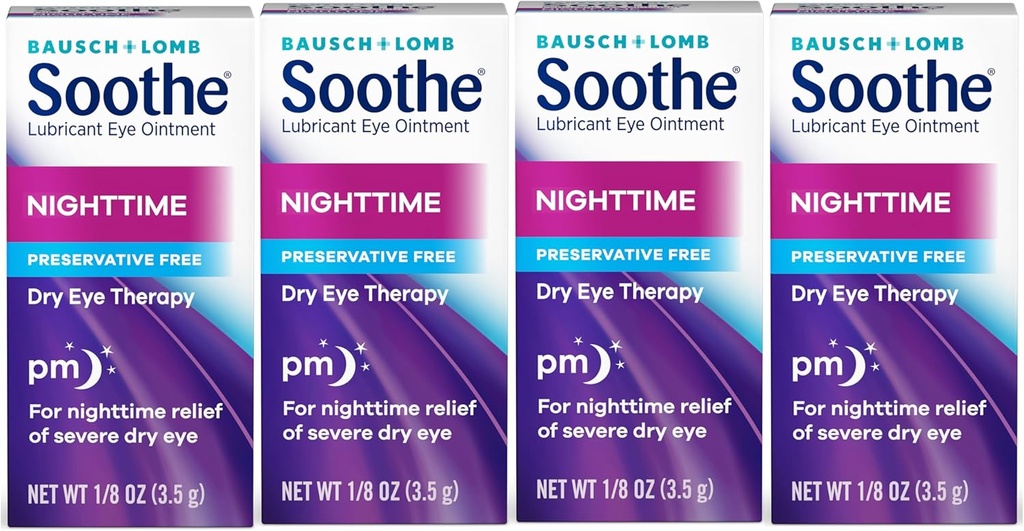 Soothe Eye Ointment by Bausch & Lomb, Lubrifiant Relief pour les yeux secs, Hydratant et réconfortant traitement des yeux secs de nuit, adapté pour les yeux sensibles, sans conservateur, 3,5 g - 4 Pack