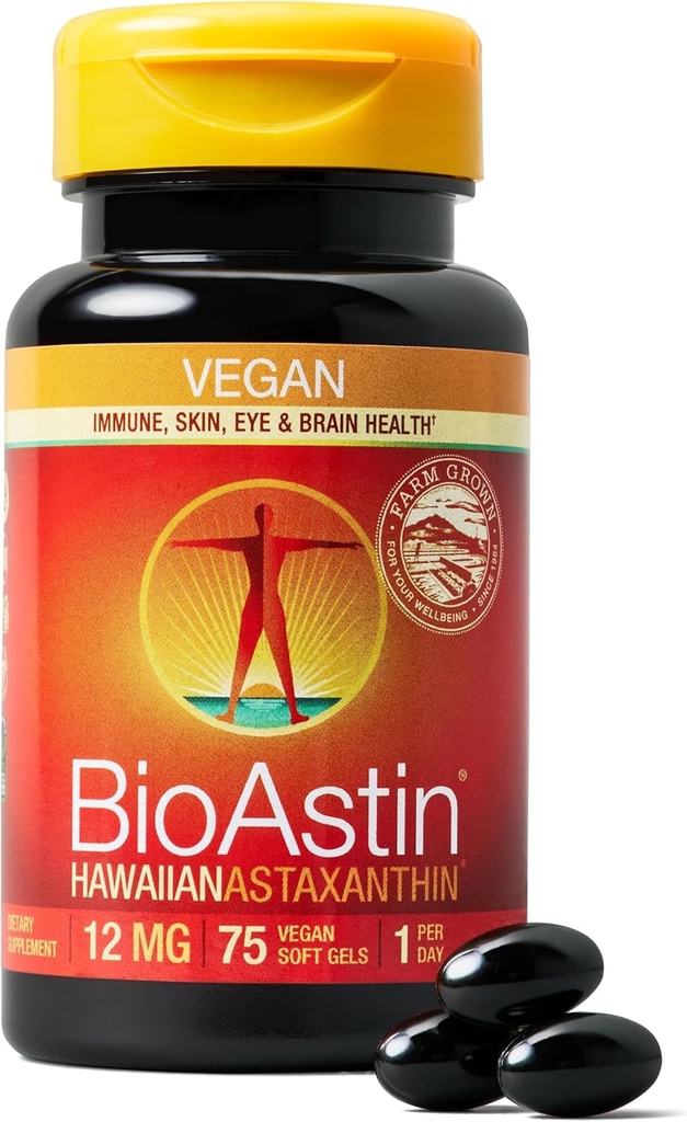 Nutrex Hawaï Vegan BioAstin Hawaiian Astaxanthin - 12mg, 75 Softgels - Farm-Direct Supplément antioxydant Premium pour soutenir la santé des yeux, de la peau, des articulations et du système immunitaire - Non-OGM et sans gluten