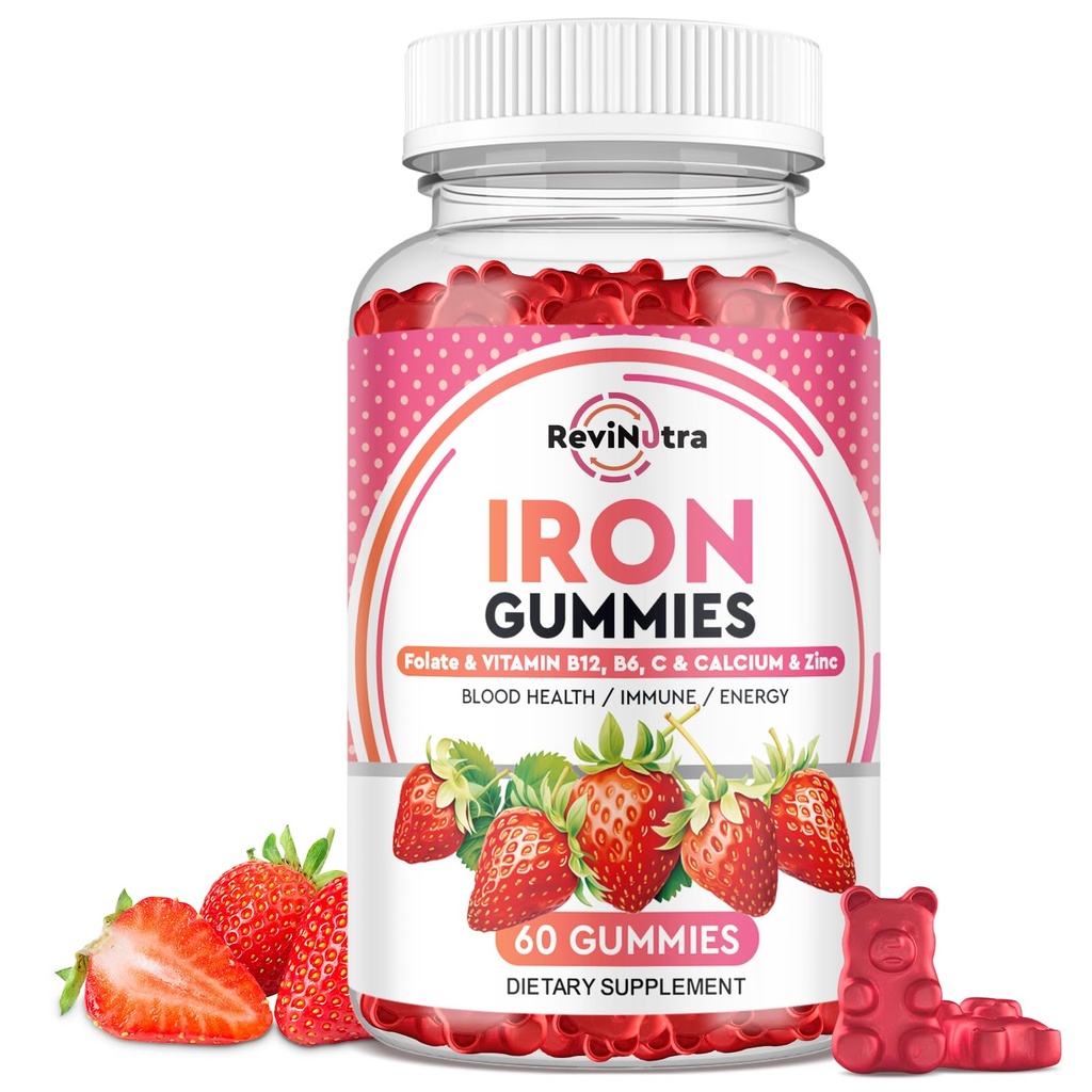 Gommies de fer - avec Calcium, Zinc, Folate et Vitamine B12, C,B6 pour les adultes et les enfants - Constructeur de sang et soutien énergétique pour la carence en fer, Anémie, Vegan - 60 Gommies