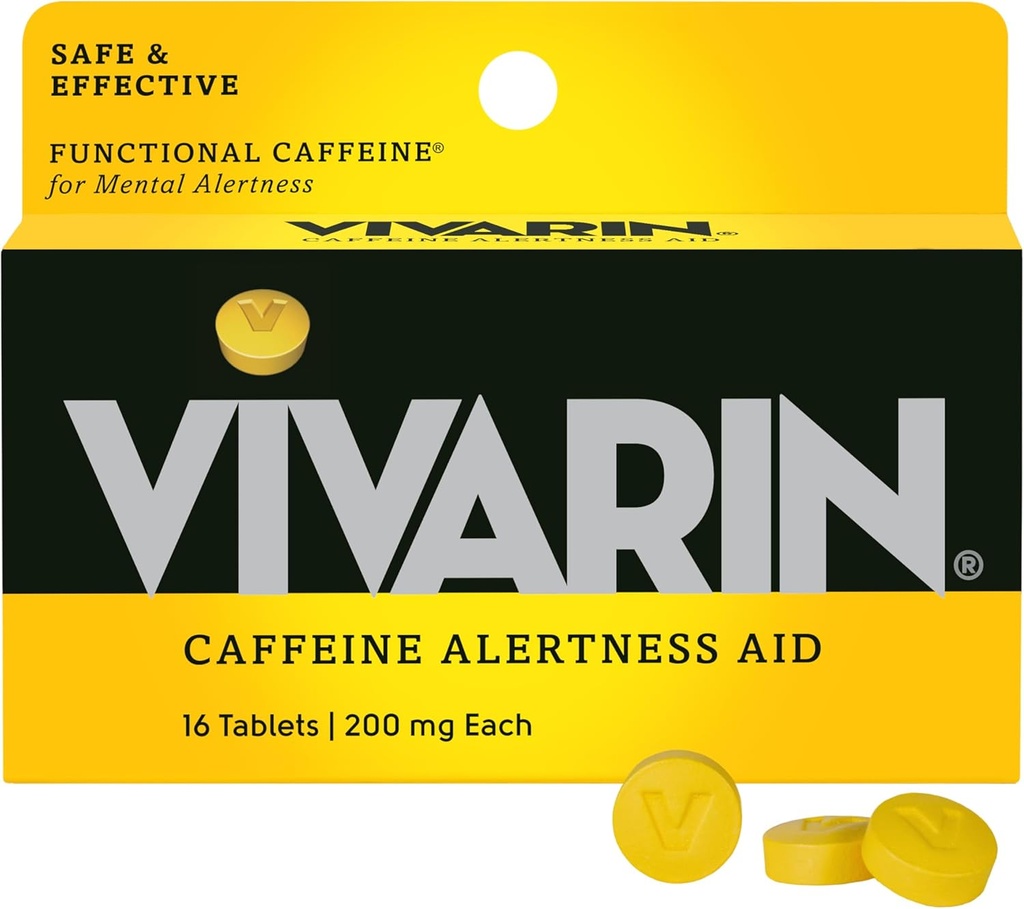 Vivarine, Pilules de caféine, 200 mg de caféine par dose, en toute sécurité et efficacement aide à rester éveillé, sans sucre, calories ou ingrédients cachés, supplément énergétique, 16 comprimés