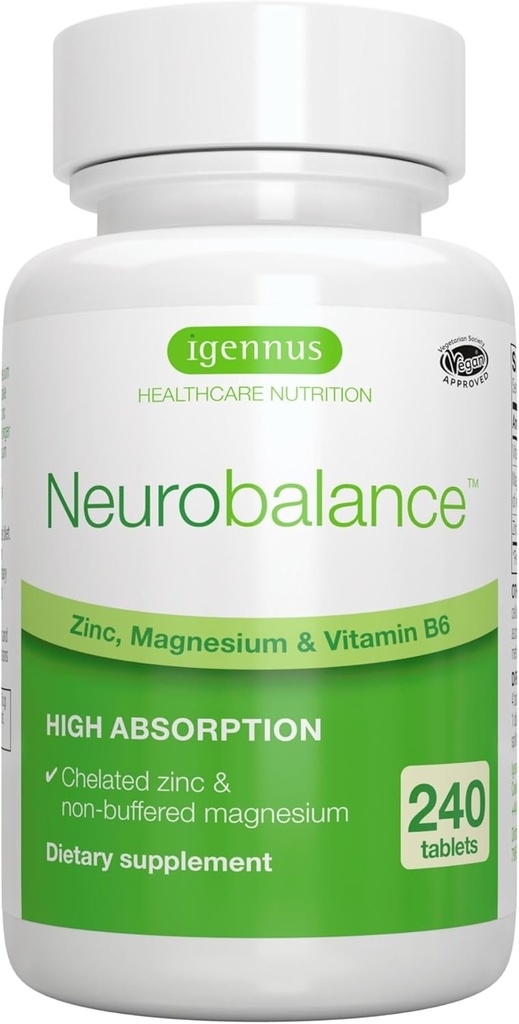 Igennus Neurobalance High Absorption Zinc Magnesium & B6 Complex, Cognitive Support, Focus & Muscle Recovery, 24mg Chelated Zinc Picolinate, All Day Nutrient Delivery, Vegan, Non-GMO, 240 Tablets