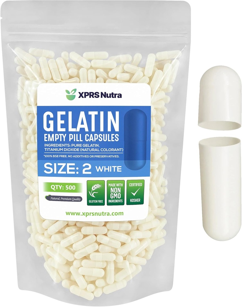 XPRS Nutra Taille 2 Capsules vides - 500 Compte Capsules de gélatine vides - Pills Bricolage Capsule Remplissage - Pure Pilule Gel Caps pour Do-It-Youlf Suppléments (Blanc)