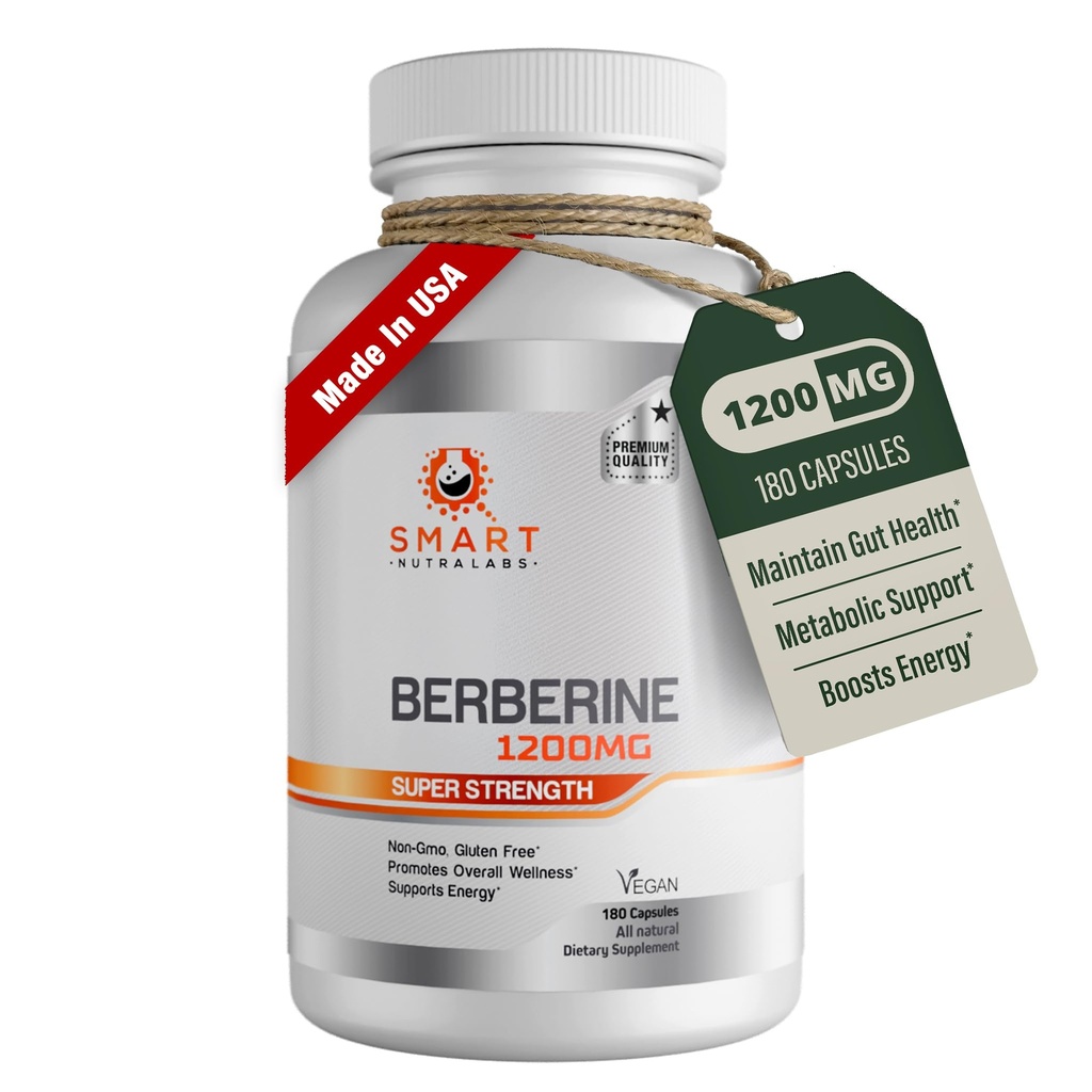 Smart Nutra Labs Premium Berberine HCL 1200mg- 180 Capsules Vegan, Supplément 100% Berberine Pure- Non-OGM, Sans gluten