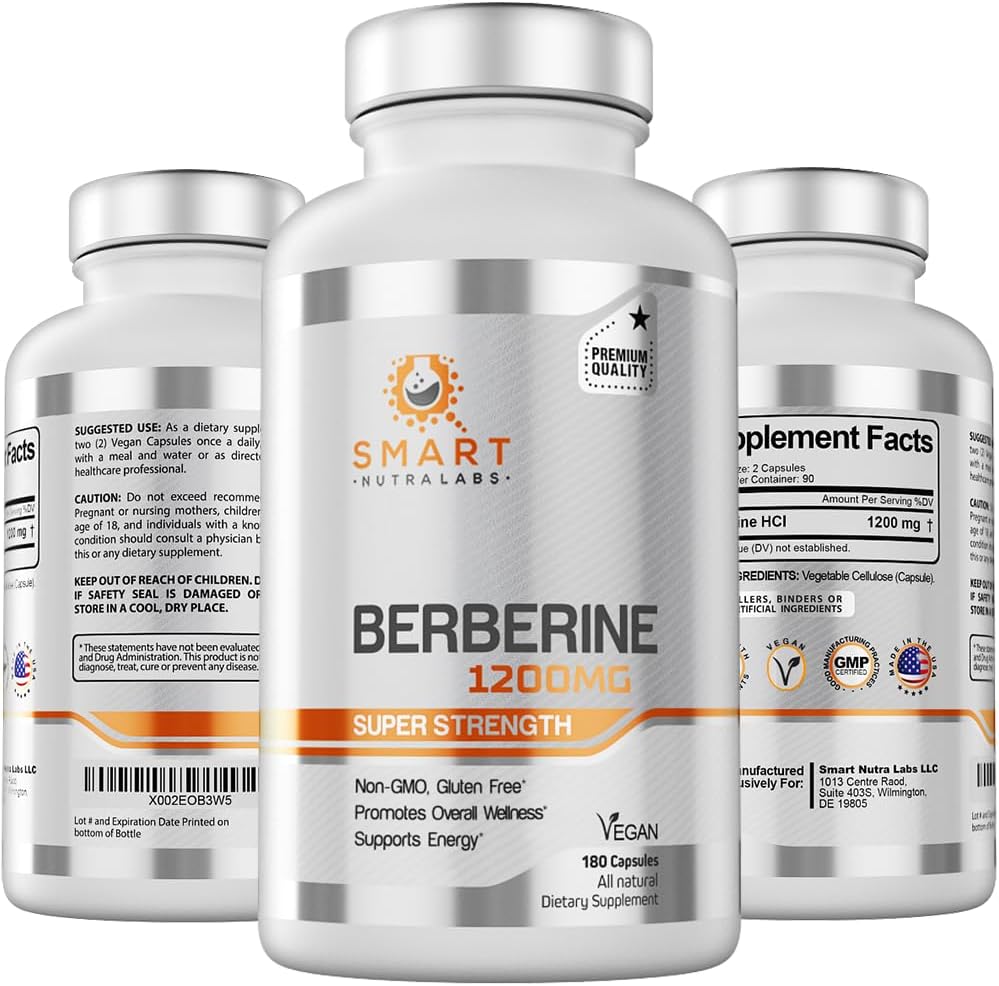 Smart Nutra Labs Premium Berberine HCL 1200mg- 180 Capsules Vegan, Supplément 100% Berberine Pure- Non-OGM, Sans gluten