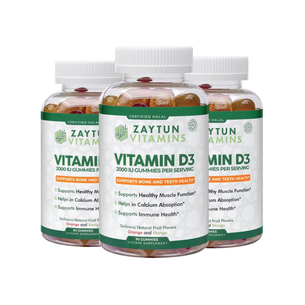 Zaytun Halal Vitamine D3 2000 UI Gommies, soutient la santé des os et immunitaire, favorise la fonction musculaire, sans gluten et sans gélatine, (3-pack) - Fabriqué aux États-Unis