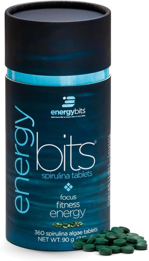 ENERGYBITS - Comprimés de Spiruline Biologique - Superfood d'algues végétales - pour focus, fitness, énergie - Protéines végétales - Sans gluten - Collagène, vitamine B12, Omega 3 - Keto & Vegan - 360 comprimés d'algues