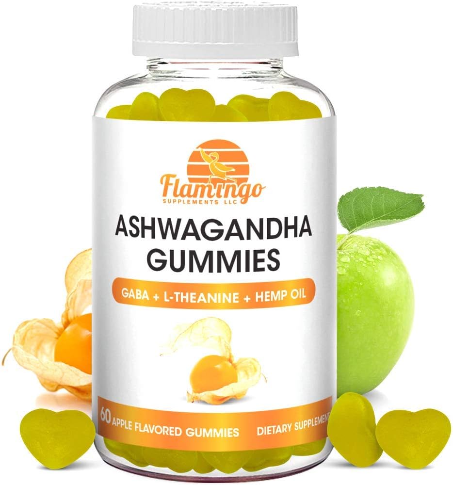 Ashwagandha Gummies avec L-Theanine, GABA, et chanvre- naturellement aromatisé, Vegan Ashwagandha Supplément extrait racine, L Theanine Gummy, Stress Gummy, Mood Gummy, Cortisol Manager- 60 Comte