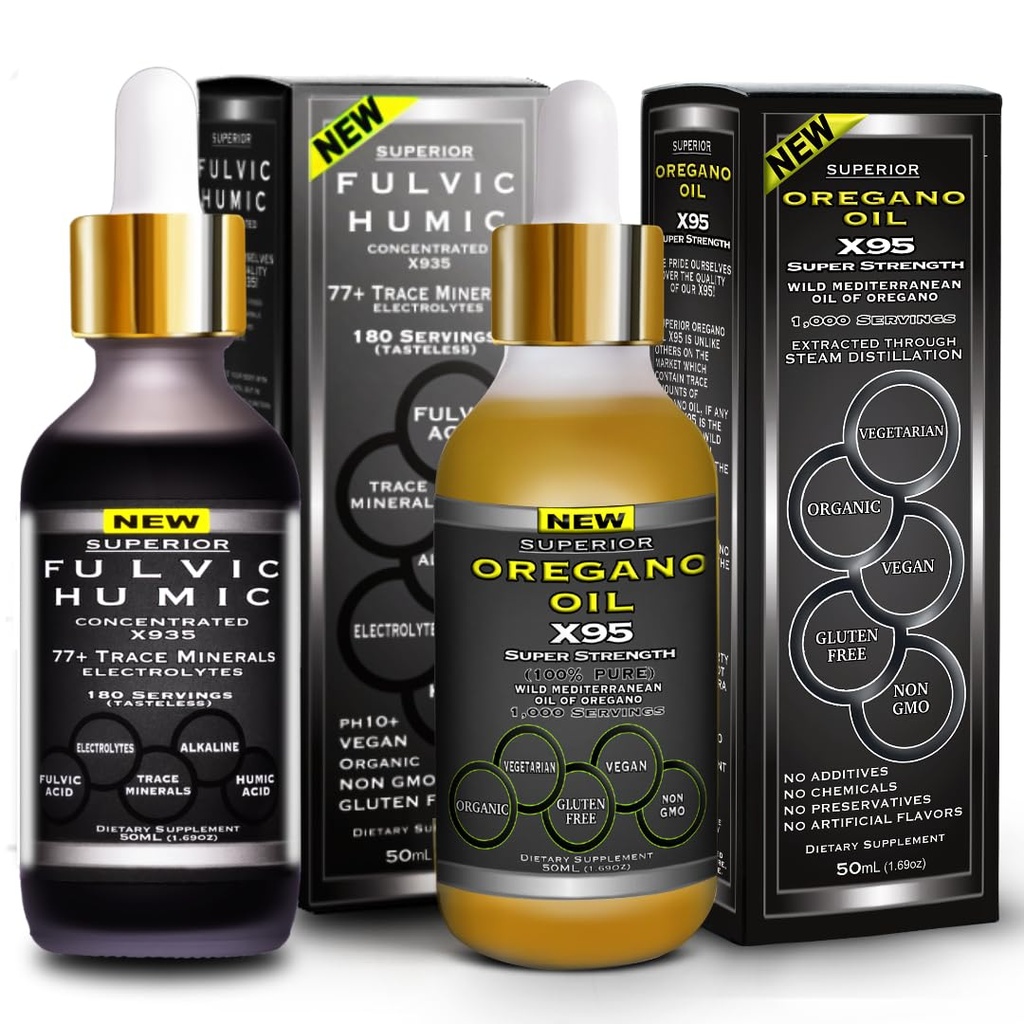 Fulvic Humic Acid Ionic Trace Minerals avec Electrolytes Liquid Supplement Plus Oil Drops Super Strength Plus Versatile Puis Huile d'Origan Softgels et Capsules