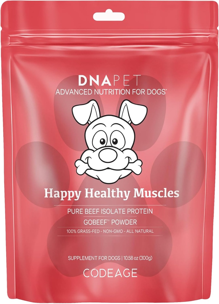 DNA PET Supplément des muscles heureux pour les chiens - Grass-Fed Poudre de protéines de boeuf - Riche en acides collagène et amino - Protéine isolate de boeuf pur - Toutes les étapes de la vie - Non aromatisé et non OGM - 10.58 Oz