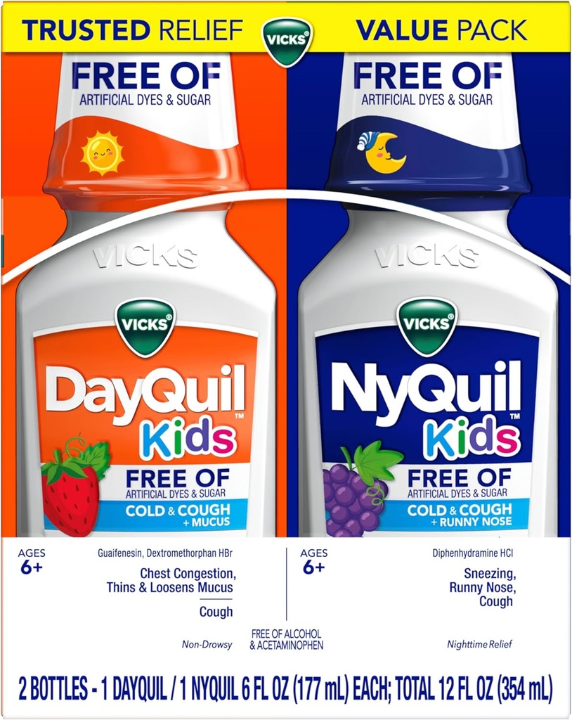 Vicks Kids DayQuil & NyQuil Cold & Cough Relief Liquid Co-pack, Exempte de colorants artificiels et de sucre, Multi-Symptômes Relief de Toux, Éternuement, Runny Nez, Mucus, et Congestion de poitrine, pour les 6+ ans, 2x6oz