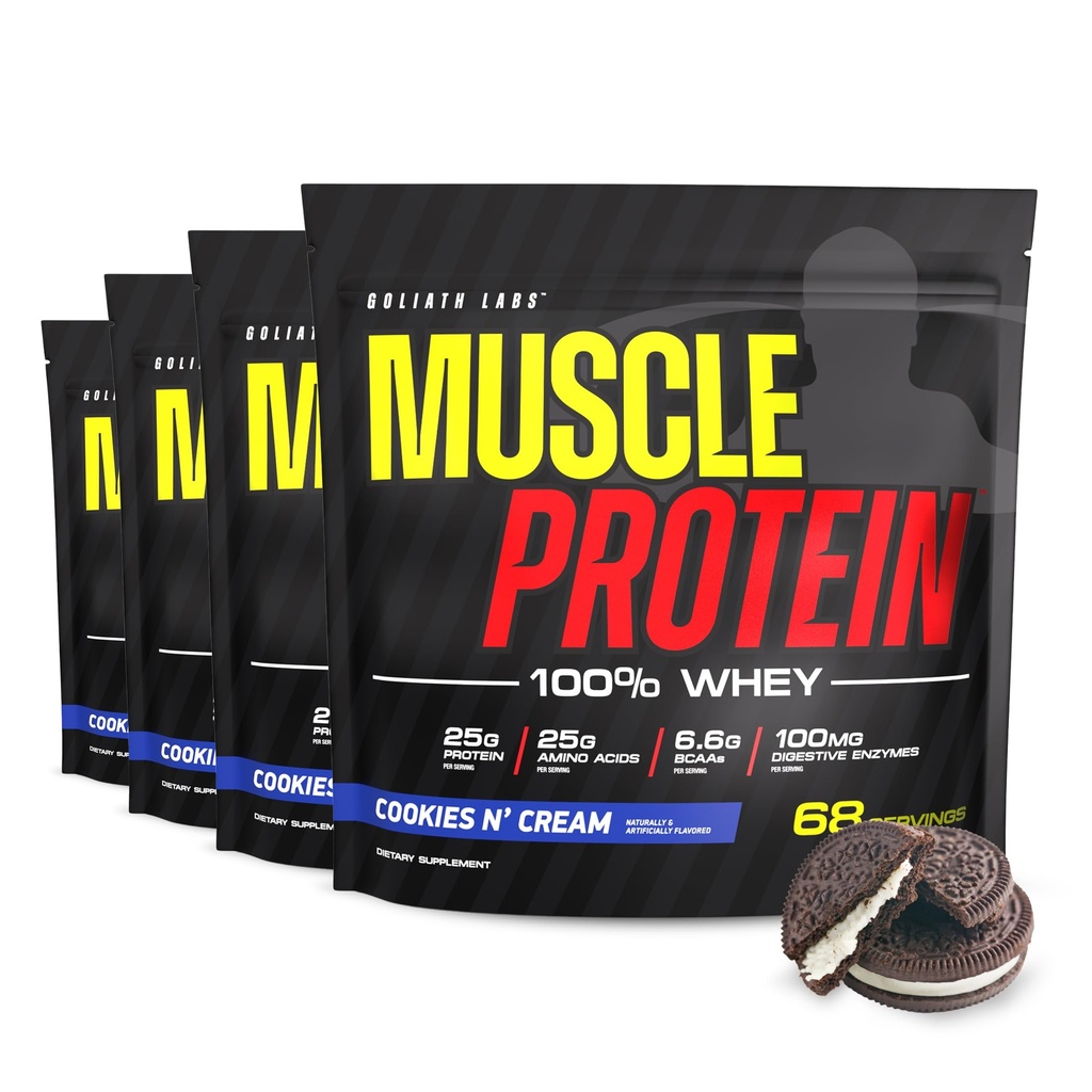 LABES COLOSSALES Muscle Whey Protéines Aromatisées Poudre de protéines, 25 000 mg Acides aminés/Serveur, Filtré à froid (Packaging May Vary) (20 livres (paquet de 4), Cookies & Crème)