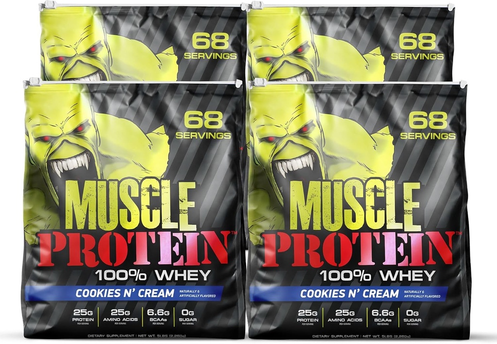 LABES COLOSSALES Muscle Whey Protéines Aromatisées Poudre de protéines, 25 000 mg Acides aminés/Serveur, Filtré à froid (Packaging May Vary) (20 livres (paquet de 4), Cookies & Crème)