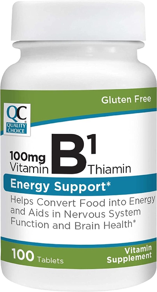 Quality Choice Vitamin B1 Thiamin 100 mg Energy Support, Nervous System Function, & Brain Health Vitamin Supplement Tablets, 100 Count Bottles